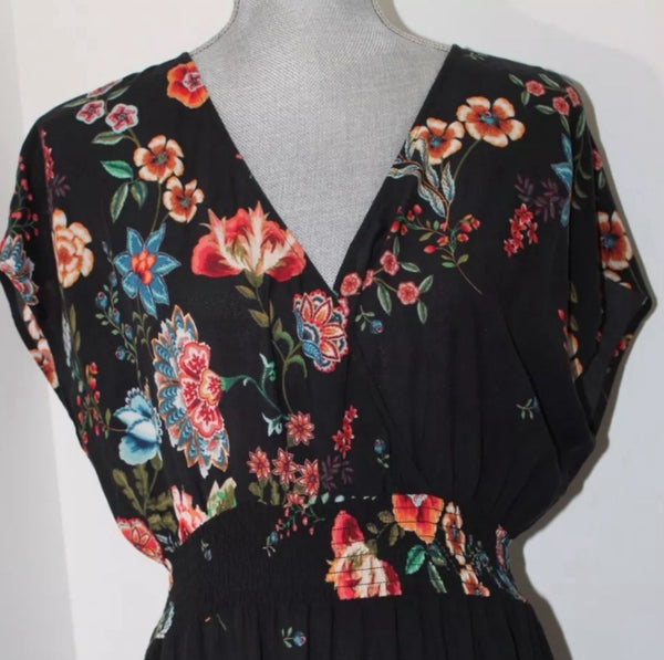 Johnny Was Ardell Black Floral Smocked Maxi Dress Size XX Large