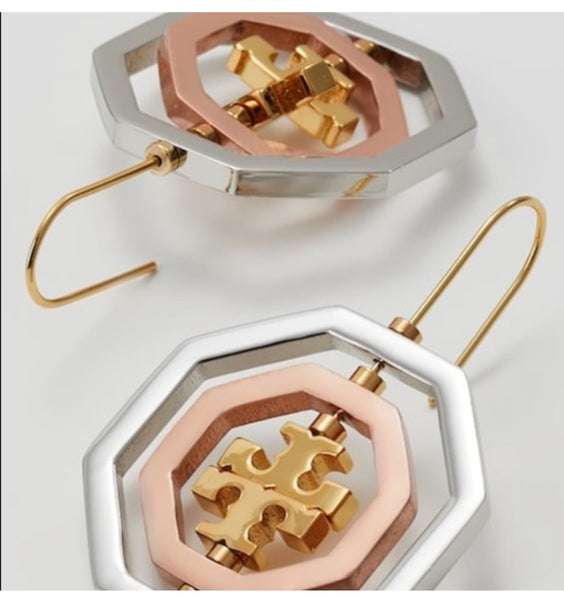 Tory Burch Rose Gold-Silver-Gold Rotating Geo Drop Logo Pierced Earrings