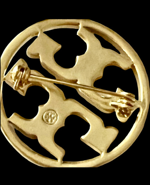 Tory Burch Gold And  Crystal Pave Double T logo Brooch Pin