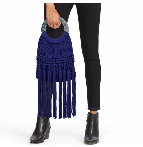 Cleobella Monaco Cobalt Macrame Fringed Tote or Crossbody Bag