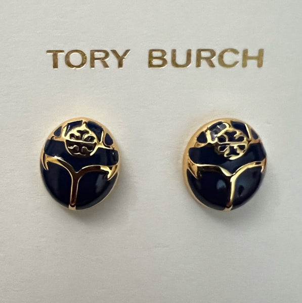 Tory Burch Small Oval Shape With T Logo Black And Gold Stud Earrings Black Gold