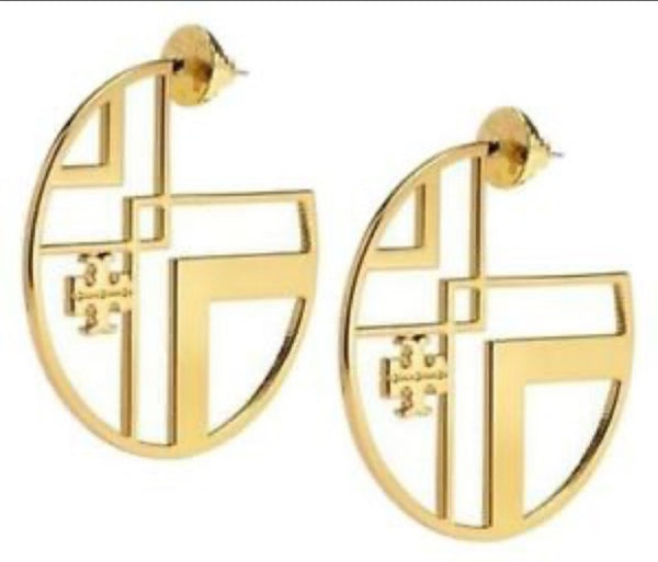 Tory Burch Chevron Cutout Hoop Earrings With Tory Logo Shiny Gold