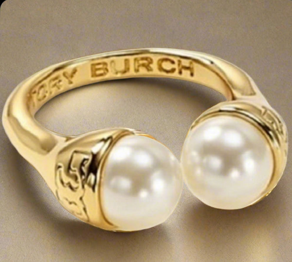 Tory Burch Gold Pearl Bud Logo Ring Size 7