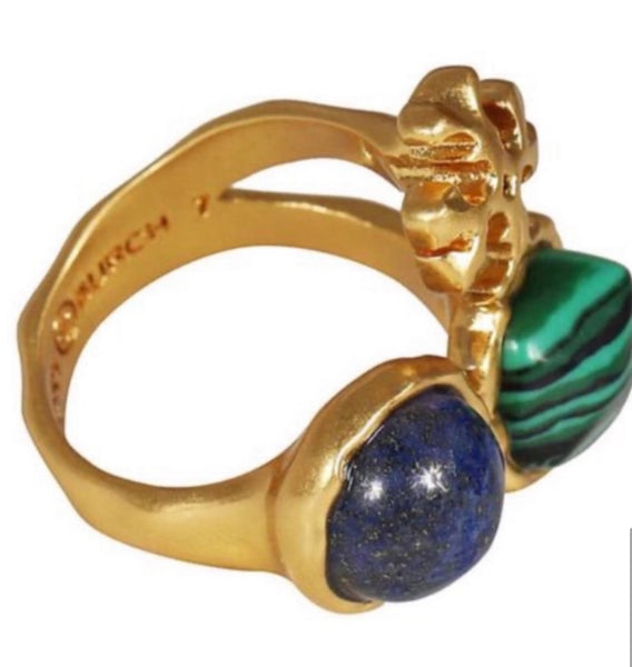 Tory Burch Roxanne Semiprecious Malachite Lapis Blue Green Statement Ring Size 7 Adjustable