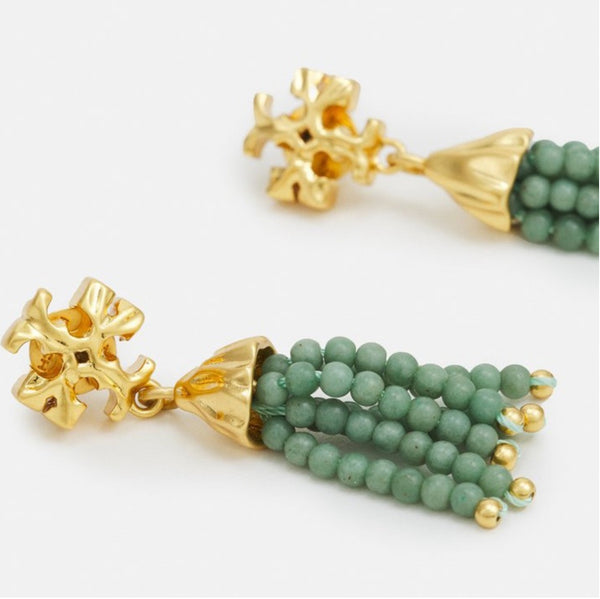 Tory Burch Roxanne Small Gold And Green Tassels Drop Earrings