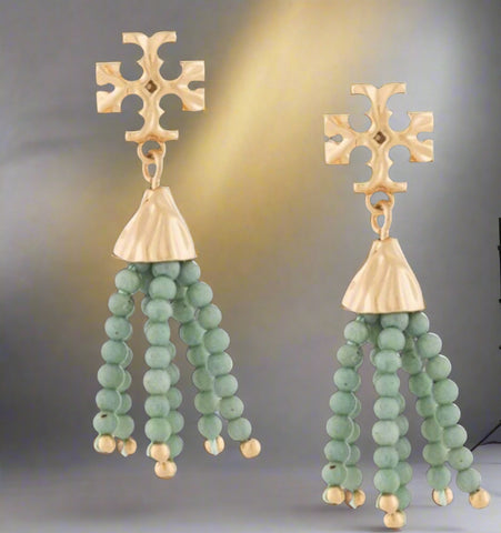 Tory Burch Roxanne Small Gold And Green Tassels Drop Earrings