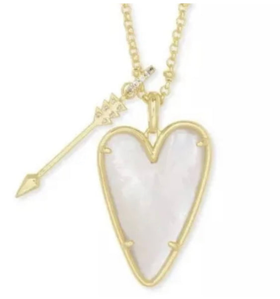 Kendra Scott Ansley Heart Gold Tone Long Pendant Necklace in Ivory Mother of Pearl