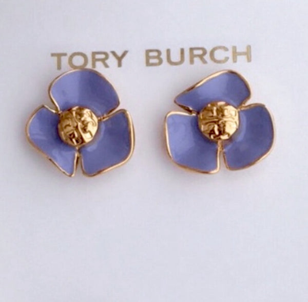 Tory Burch Lilac Gold Fleur Logo Stud  Earrings