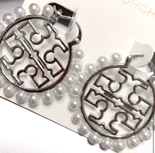 Tory Burch Silver Miller Wire Hoop Pearl Logo Earrings