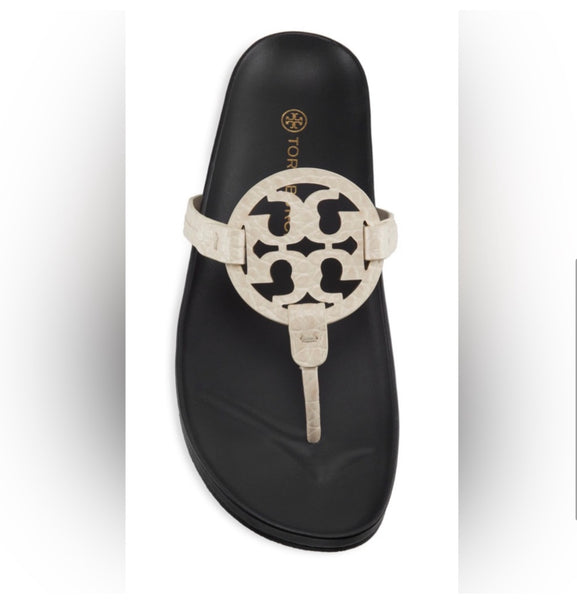 Tory Burch Miller Cloud Leather Thong Sandals New Cream / Dark Navy ( Looks Black) Size 8 M