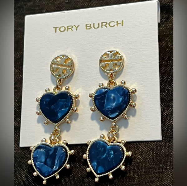 Tory Burch Logo Gold Plated Brass and Blue Lapis Stone Heart Drop Earrings