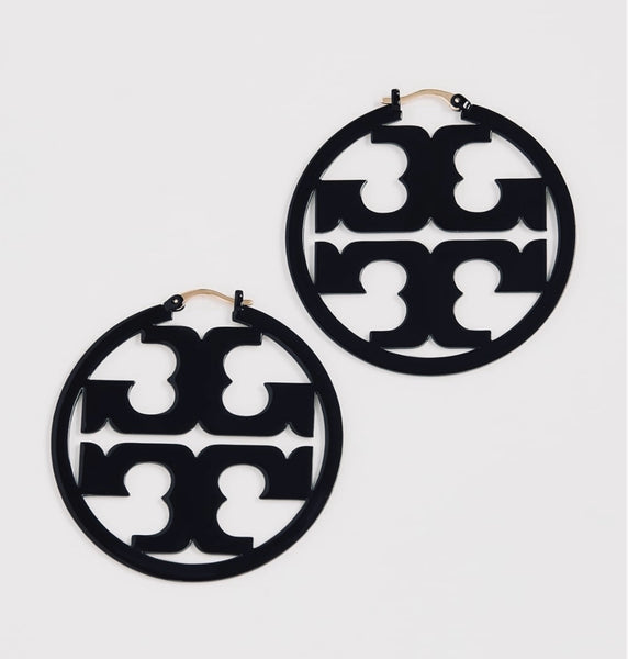 Tory Burch Miller Logo Hoop Earrings Painted Black and French Cream