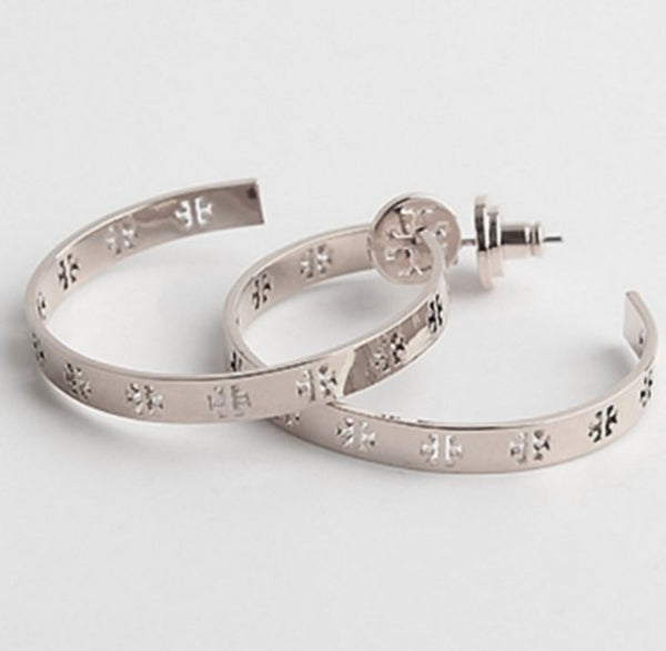 Tory Burch Silver T Cutouts Hoop Earrings