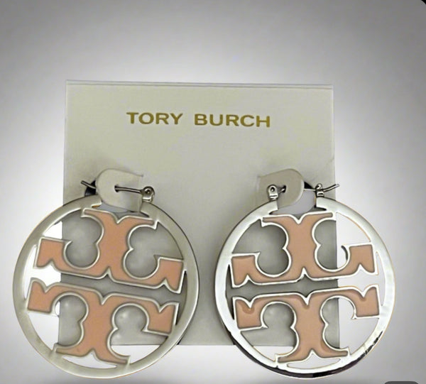 Tory Burch Miller Shiny Silver And Pink Enamel Inlay Hoop Earrings