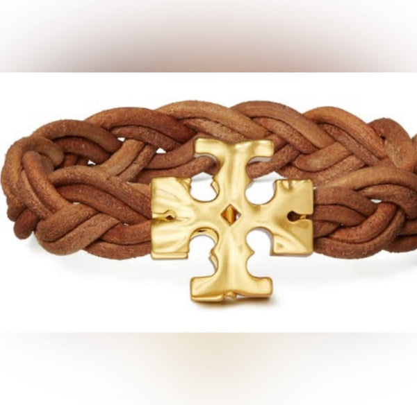 Tory Burch Fisherman 18K Gold Plated & Braided Leather Bracelet Rolled Gold Vachetta