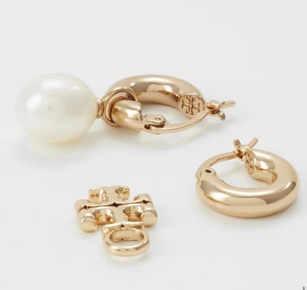 Tory Burch Logo Baroque Pearl Mismatch Drop Earrings