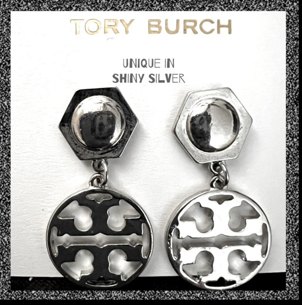 Tory Burch Silver Hexagon Logo Circle Drop Earrings