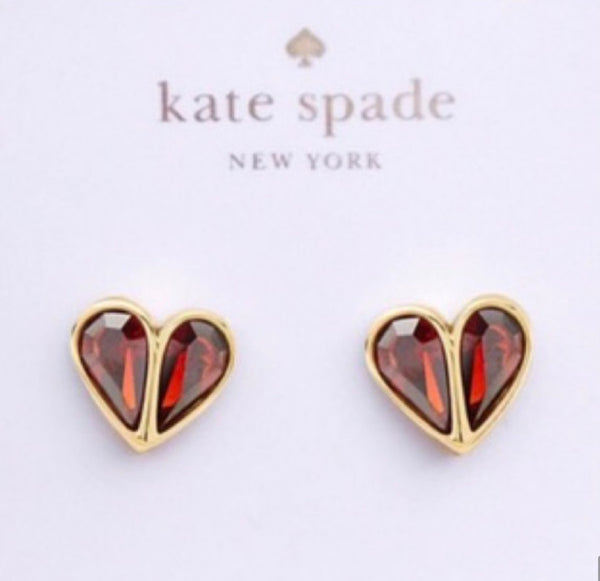 Kate Spade Red And Gold Rock Solid Crystal Small Heart Studs Earrings