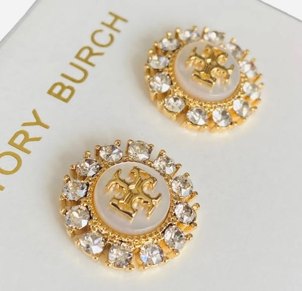 Tory Burch Kira Mother Of Pearl Gold Tone And Sparkling Crystals Logo Stud Earrings