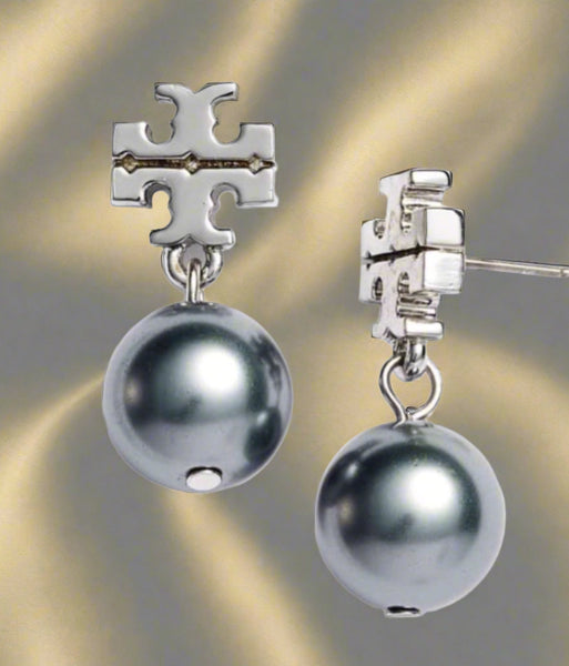 Tory Burch Logo Classic Silver Gray Pearl Drop Logo Earrings