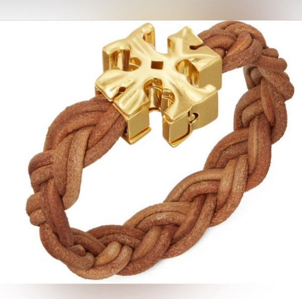 Tory Burch Fisherman 18K Gold Plated & Braided Leather Bracelet Rolled Gold Vachetta