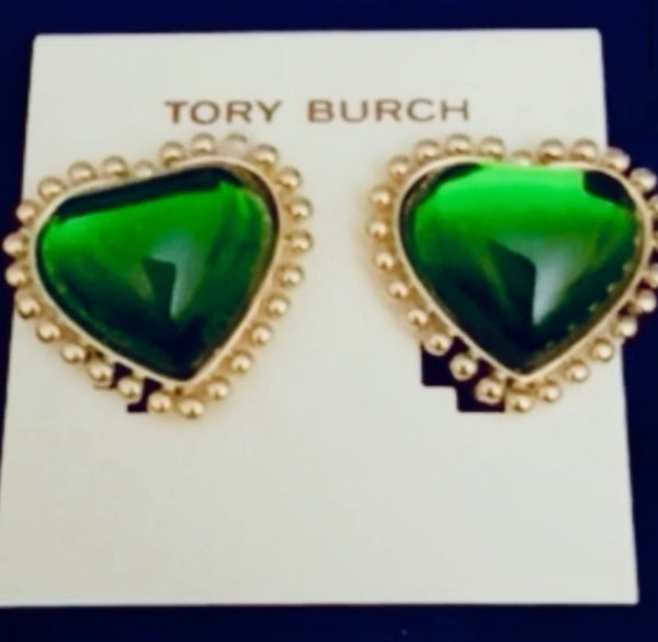 Tory Burch Gold And Green Heart with Mingrain Detailing Large Clip On Stud Earrings