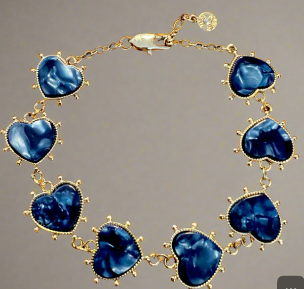 Tory Burch Gold Plated Brass and Blue Lapis Stone Heart Charm Bracelet