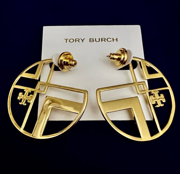 Tory Burch Chevron Cutout Hoop Earrings With Tory Logo Shiny Gold