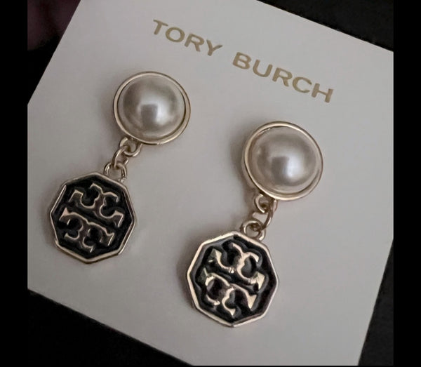 Tory Burch Authentic Hexagonal Black And Gold With T Logo Pearl Drop Earrings