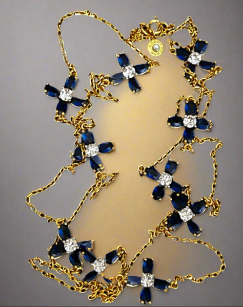 Tory Burch Long Swarovski Crystal Blue Flowers Necklace Gold & Blue