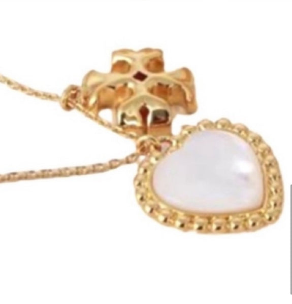 Tory Burch Roxanne Gold and Mother of Pearl Heart Logo Charm Pendant Necklace