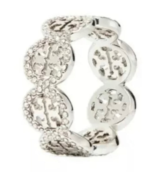 Tory Burch Silver And Crystal Embellished Monogram Ring With Swarovski Pave Size 7