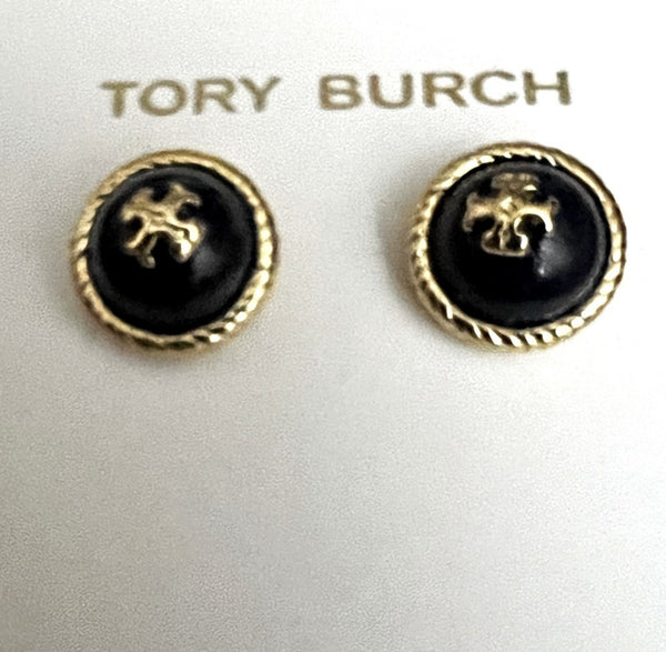 Tory Burch Black Glass Cabochon Rope Gold Stud Earrings