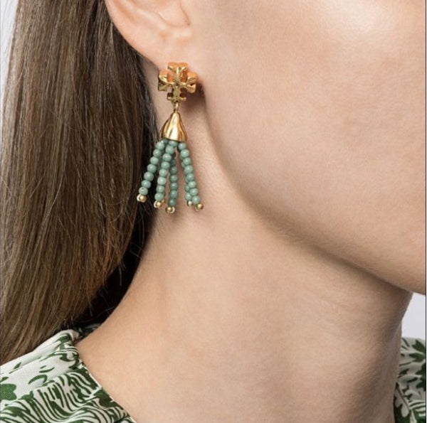 Tory Burch Roxanne Small Gold And Green Tassels Drop Earrings