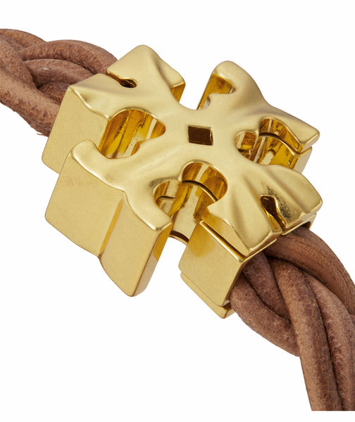 Tory Burch Fisherman 18K Gold Plated & Braided Leather Bracelet Rolled Gold Vachetta