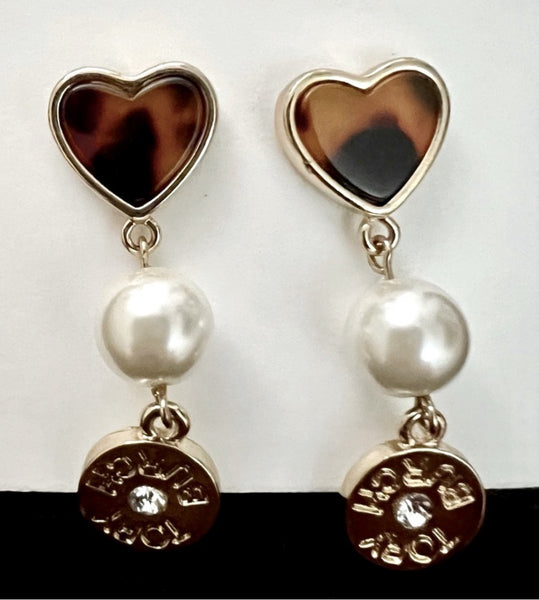 Tory Burch Logo Gold Plated Brass and Semi Precious Tortoise Heart Pearl Stone Drop Earrings