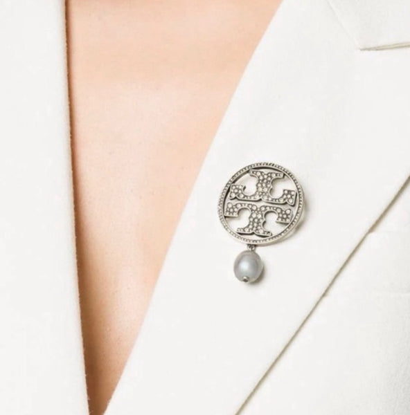 Tory Burch Silver and Swarovski crystal pave double T logo & Crystal Gray Pearl Brooch Pin