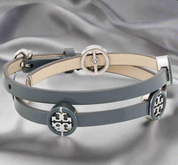 Tory Burch Miller Silver Tone Leather & Enamel Double Wrap Bracelet