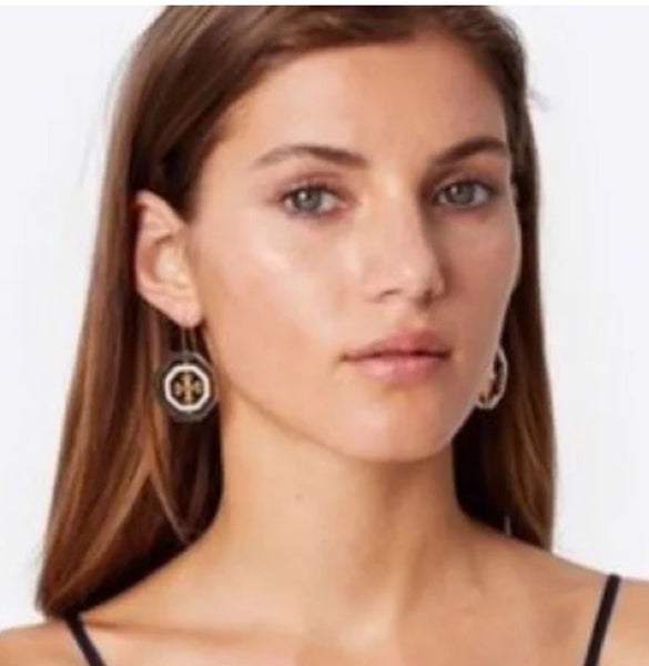 Tory Burch Rose Gold-Silver-Gold Rotating Geo Drop Logo Pierced Earrings