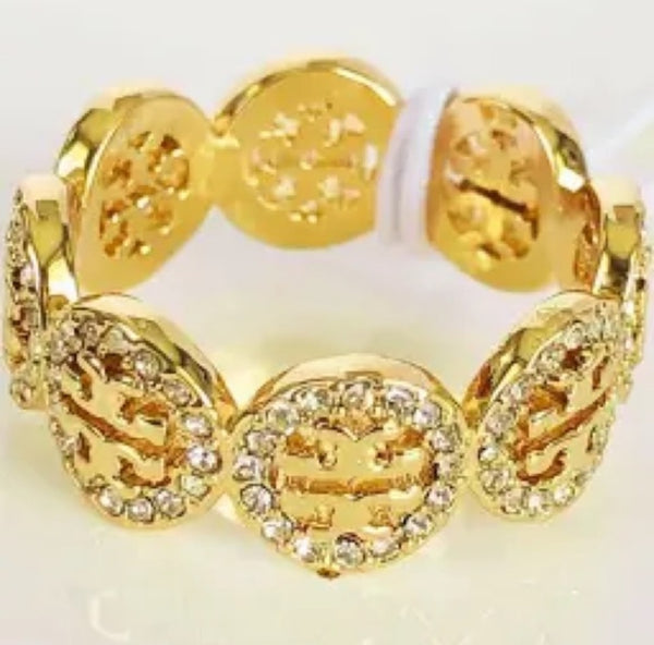 Tory Burch Gold And Crystal Embellished Monogram Ring With Swarovski Pave Size 6