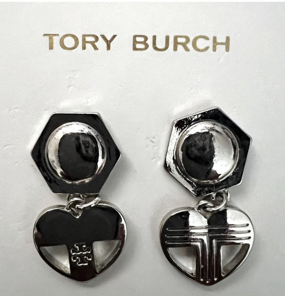 Tory Burch Silver Hexagon And Heart Logo Drop Earrings