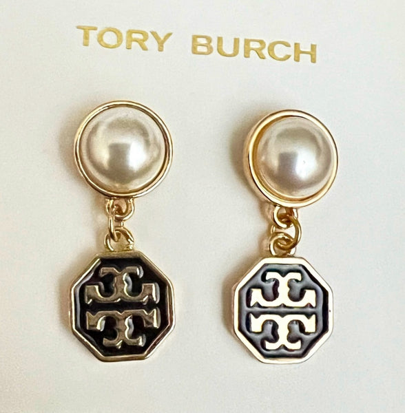 Tory Burch Authentic Hexagonal Black And Gold With T Logo Pearl Drop Earrings