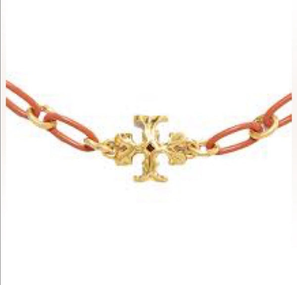 Tory Burch Roxanne 18K-Gold-Plated & Coral Acrylic Logo Chain Bracelet