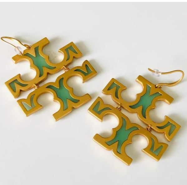 Tory Burch Transparent Logo Drop Earrings Green And Gold