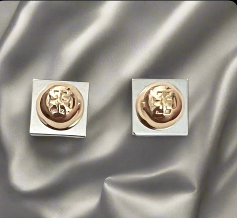 Tory Burch Women's Silver Block with T Logo Stud Earrings Silver And Gold