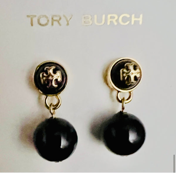 Tory Burch Black and Gold Saher Double-T Logos On Simulated Glass Pearls Drop Earrings