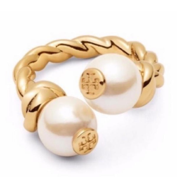 Tory Burch Logo Faux Pearl Bud Rope Bead Ring Size 7 Adjustable