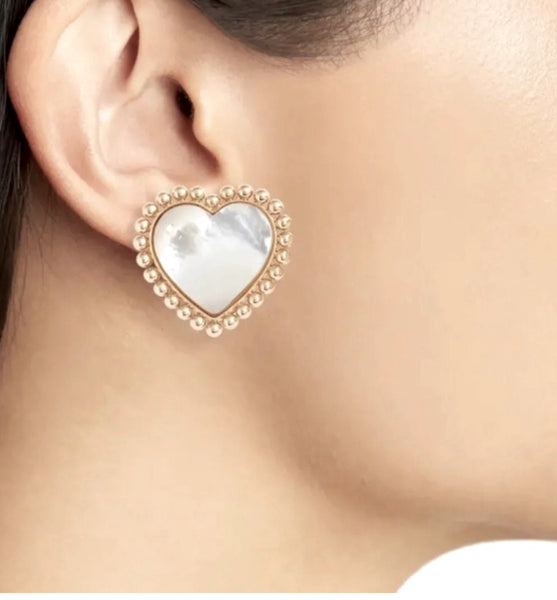 Tory Burch Gold And Mother Of Pearl Heart with Milgrain Detailing Large Clip On Stud Earrings