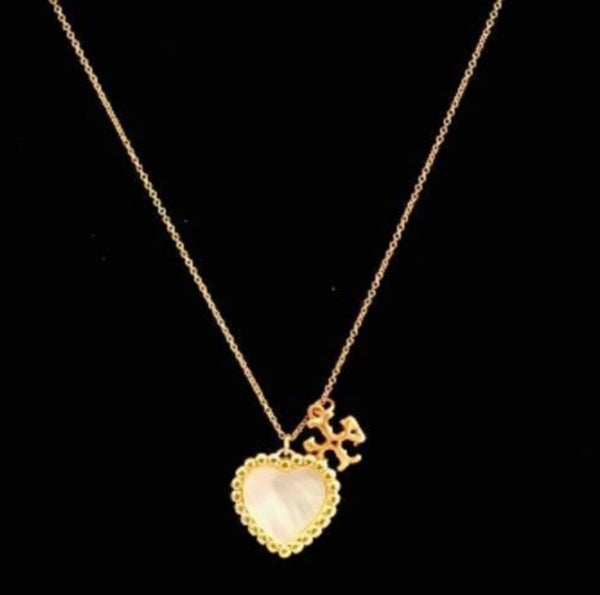 Tory Burch Roxanne Gold and Mother of Pearl Heart Logo Charm Pendant Necklace