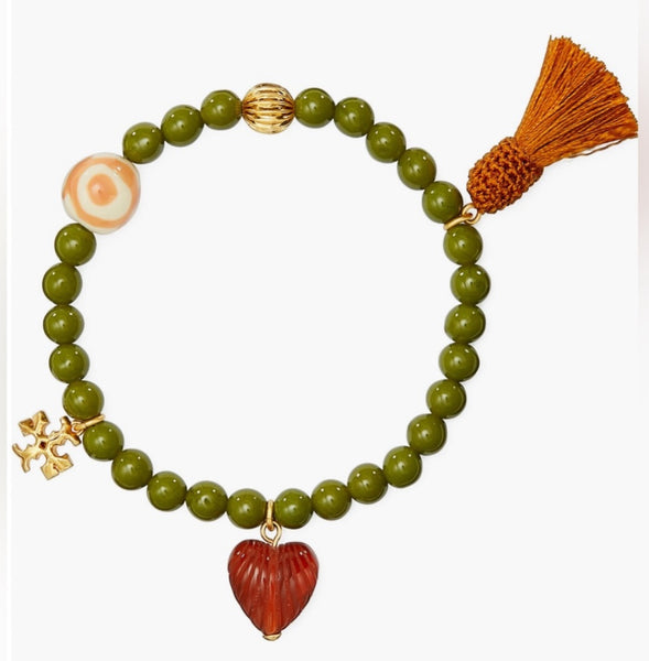 Tory Burch Roxanne Beaded Charm Bracelet Green Gold Plated Enamel-Resin-Silk